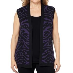 Chico's Silk Cardigan Sweater Open Front Sleeveless Black Purple Zebra SZ 2 (L)